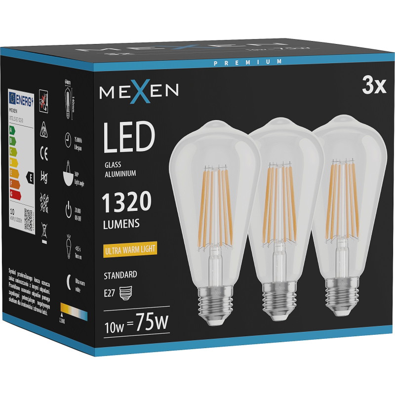Mexen Vintis 3x LED filamentová žiarovka E27, ST64, 10W, Teplá - 2200K, 1320 lm, číra - L152-E27-1022-00x03