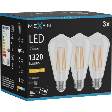 Mexen Vintis 3x LED filamentová žiarovka E27, ST64, 10W, Teplá - 2200K, 1320 lm, číra - L152-E27-1022-00x03