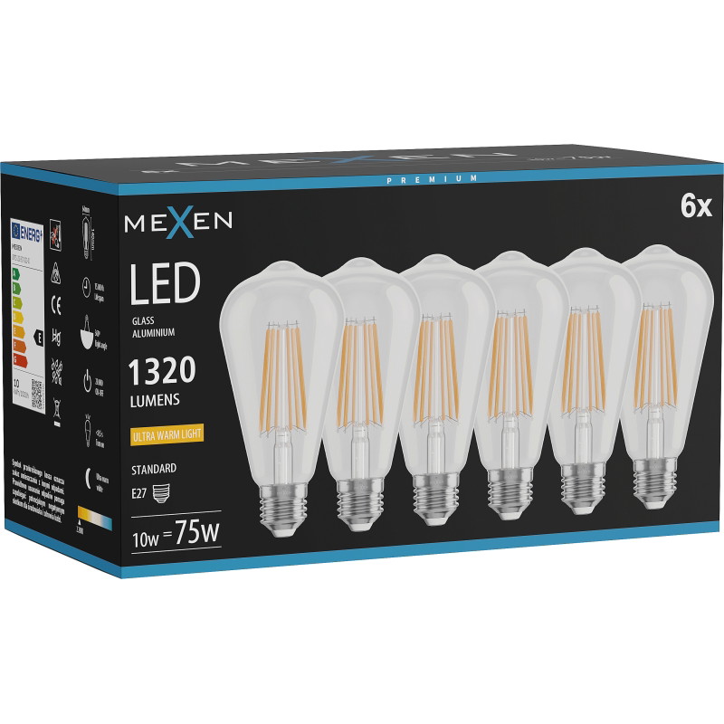 Mexen Vintis 6x Vlákno LED žiarovka E27, ST64, 10W, Teplá - 2200K, 1320 lm, číra - L152-E27-1022-00x06