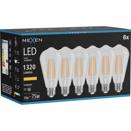 Mexen Vintis 6x Vlákno LED žiarovka E27, ST64, 10W, Teplá - 2200K, 1320 lm, číra - L152-E27-1022-00x06