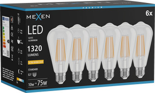 Mexen Vintis 6x Vlákno LED žiarovka E27, ST64, 10W, Teplá - 2200K, 1320 lm, číra - L152-E27-1022-00x06
