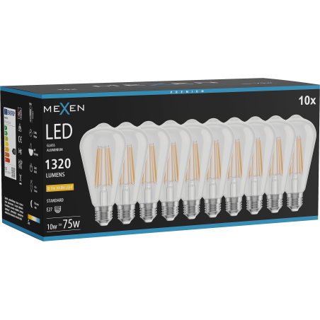 Mexen Vintis 10x žiarovka filament LED E27, ST64, 10W, Teplá - 2200K, 1320 lm, číra - L152-E27-1022-00x10