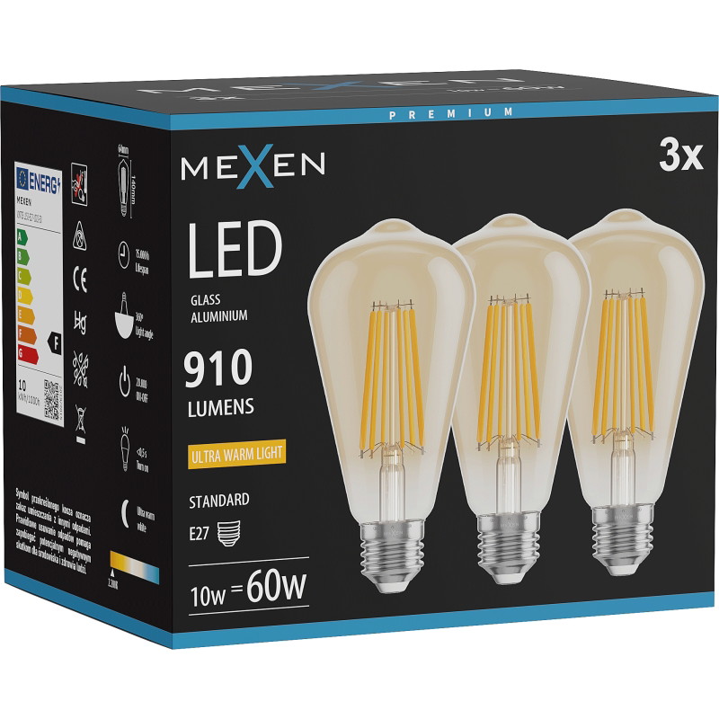 Mexen Vintis 3x Žiarovka filament LED E27, ST64, 10W, Teplá - 2200K, 910 lm, jantárová - L152-E27-1022-50x03