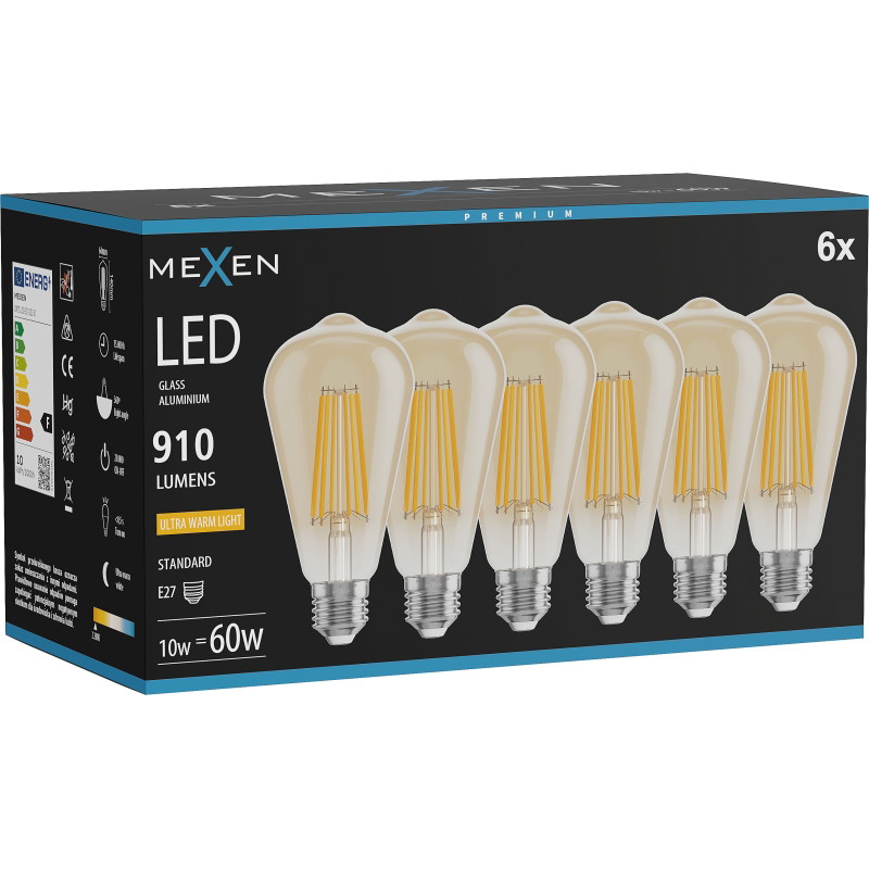 Mexen Vintis 6x žiarovka filament LED E27, ST64, 10W, Teplá - 2200K, 910 lm, jantárová - L152-E27-1022-50x06