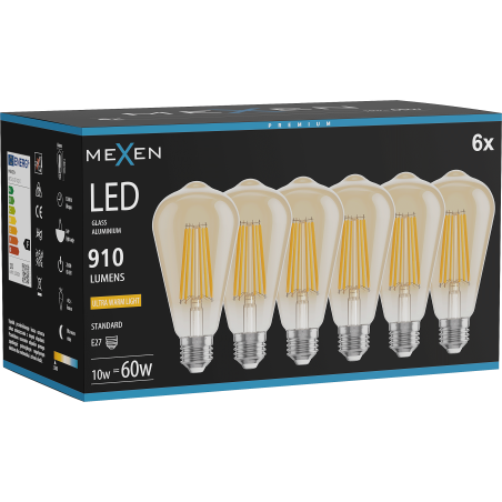 Mexen Vintis 6x žiarovka filament LED E27, ST64, 10W, Teplá - 2200K, 910 lm, jantárová - L152-E27-1022-50x06