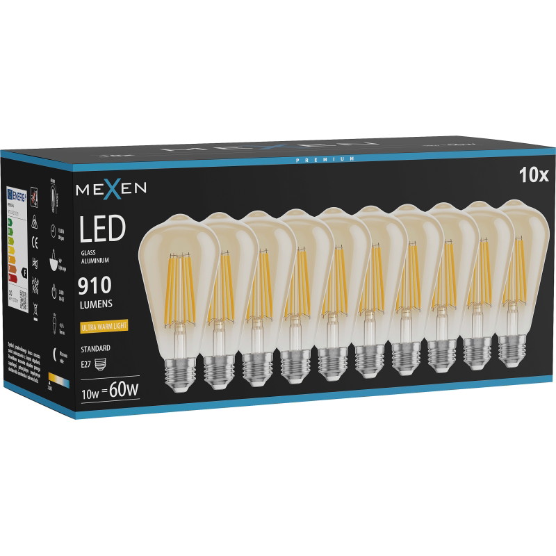 Mexen Vintis 10x žiarovka filament LED E27, ST64, 10W, Teplá - 2200K, 910 lm, jantár - L152-E27-1022-50x10