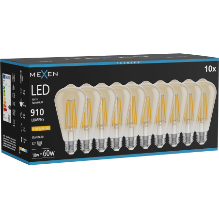 Mexen Vintis 10x žiarovka filament LED E27, ST64, 10W, Teplá - 2200K, 910 lm, jantár - L152-E27-1022-50x10