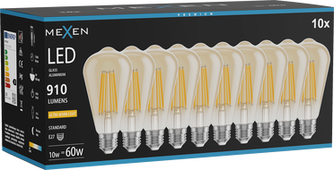 Mexen Vintis 10x žiarovka filament LED E27, ST64, 10W, Teplá - 2200K, 910 lm, jantár - L152-E27-1022-50x10