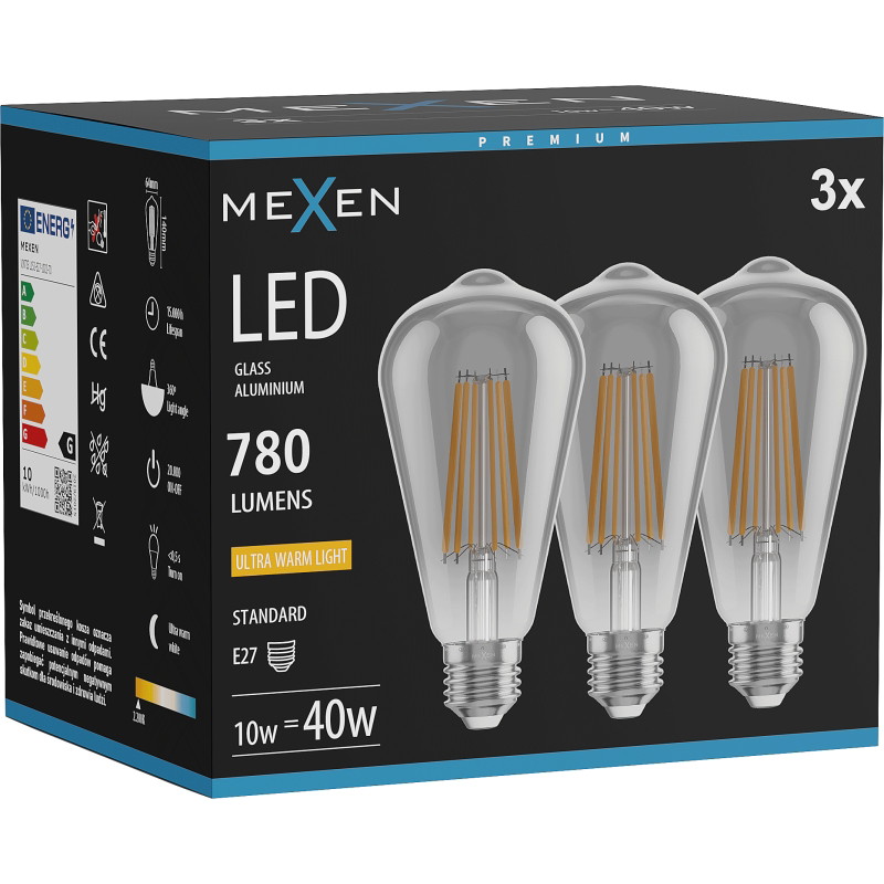 Mexen Vintis 3x LED žiarovka filament E27, ST64, 10W, Teplá - 2200K, 780 lm, dymová - L152-E27-1022-70x03