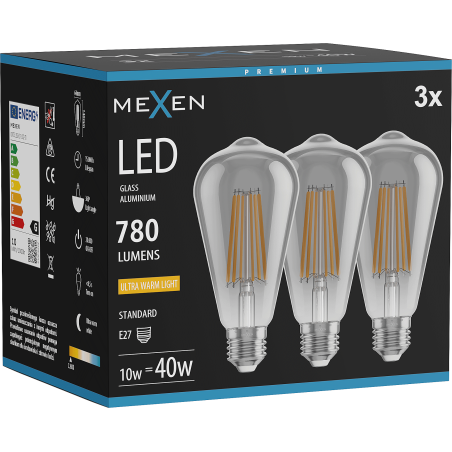 Mexen Vintis 3x LED žiarovka filament E27, ST64, 10W, Teplá - 2200K, 780 lm, dymová - L152-E27-1022-70x03