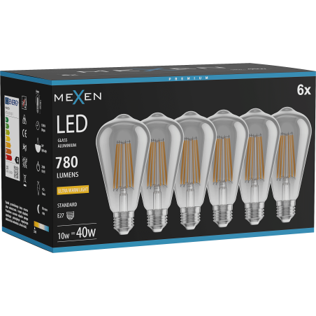 Mexen Vintis 6x Žiarovka filament LED E27, ST64, 10W, Teplá - 2200K, 780 lm, dymová - L152-E27-1022-70x06