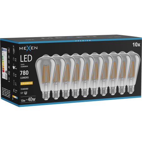 Mexen Vintis 10x žiarovka filament LED E27, ST64, 10W, Teplá - 2200K, 780 lm, dymová - L152-E27-1022-70x10