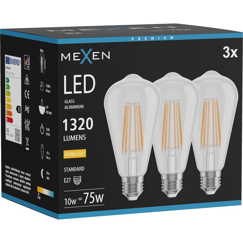 Mexen Vintis 3x LED vlákno žiarovka E27, ST64, 10W, Teplá - 2700K, 1320 lm, číra - L152-E27-1027-00x03