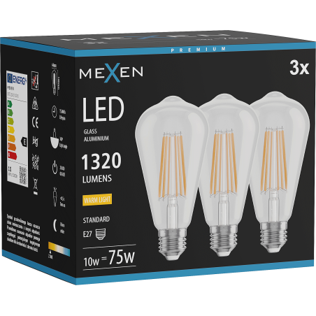 Mexen Vintis 3x LED vlákno žiarovka E27, ST64, 10W, Teplá - 2700K, 1320 lm, číra - L152-E27-1027-00x03