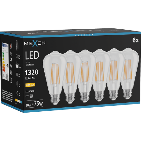 Mexen Vintis 6x Žiarovka filament LED E27, ST64, 10W, Teplá - 2700K, 1320 lm, číra - L152-E27-1027-00x06