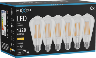 Mexen Vintis 6x Žiarovka filament LED E27, ST64, 10W, Teplá - 2700K, 1320 lm, číra - L152-E27-1027-00x06