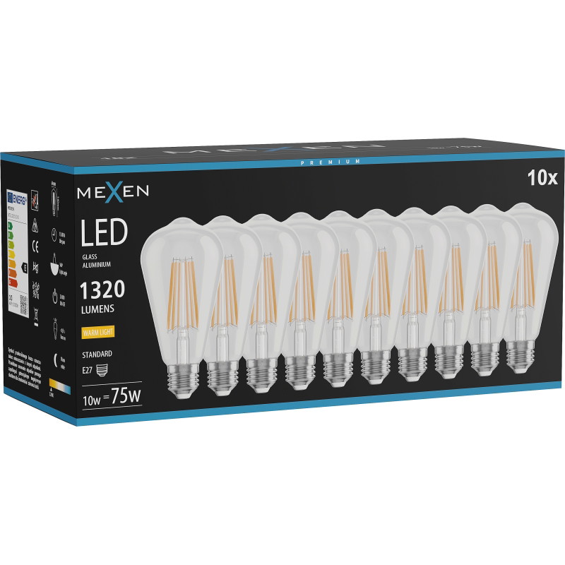 Mexen Vintis 10x filamentová LED žiarovka E27, ST64, 10W, Teplá - 2700K, 1320 lm, číra - L152-E27-1027-00x10