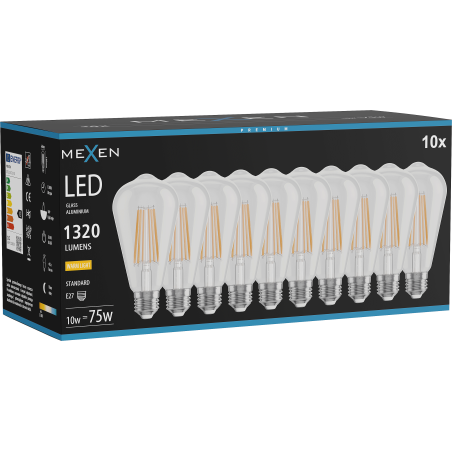 Mexen Vintis 10x filamentová LED žiarovka E27, ST64, 10W, Teplá - 2700K, 1320 lm, číra - L152-E27-1027-00x10