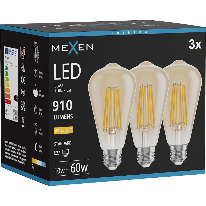 Mexen Vintis 3x LED filamentová žiarovka E27, ST64, 10W, Teplá - 2700K, 910 lm, jantárová - L152-E27-1027-50x03