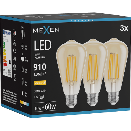 Mexen Vintis 3x LED filamentová žiarovka E27, ST64, 10W, Teplá - 2700K, 910 lm, jantárová - L152-E27-1027-50x03