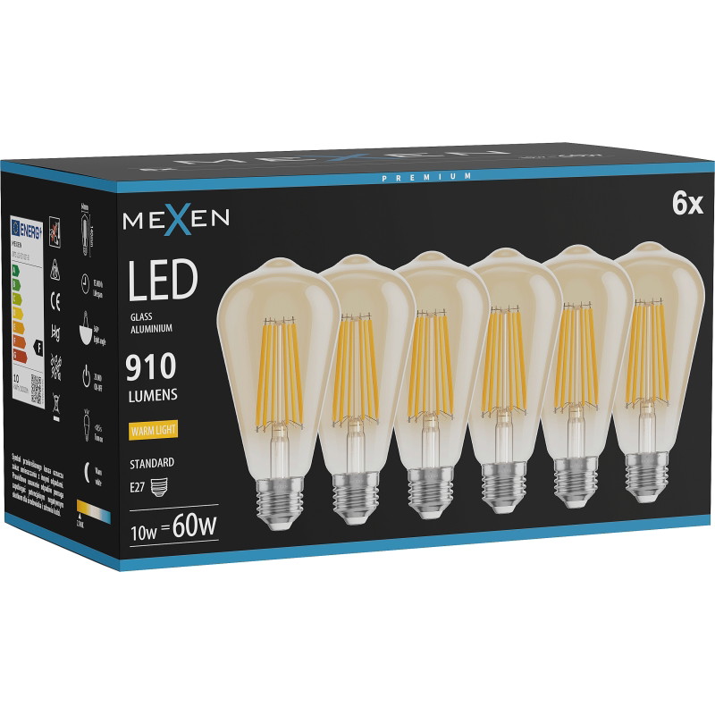 Mexen Vintis 6x Žiarovka filament LED E27, ST64, 10W, Teplá - 2700K, 910 lm, jantárová - L152-E27-1027-50x06