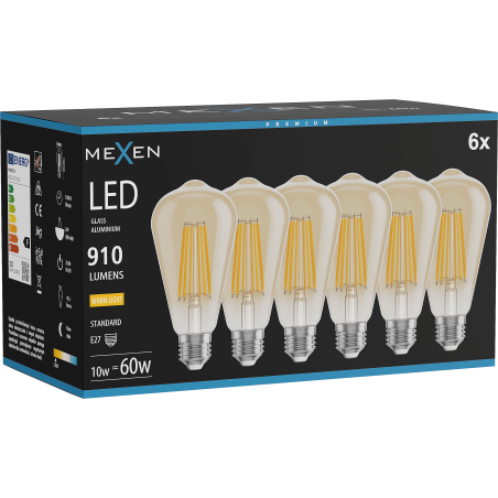 Mexen Vintis 6x Žiarovka filament LED E27, ST64, 10W, Teplá - 2700K, 910 lm, jantárová - L152-E27-1027-50x06