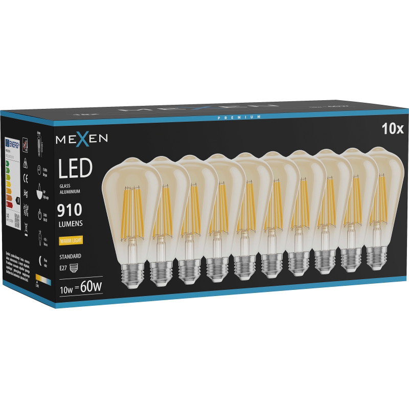 Mexen Vintis 10x Žiarovka filament LED E27, ST64, 10W, Teplá - 2700K, 910 lm, jantárová - L152-E27-1027-50x10