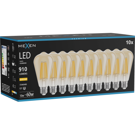 Mexen Vintis 10x Žiarovka filament LED E27, ST64, 10W, Teplá - 2700K, 910 lm, jantárová - L152-E27-1027-50x10