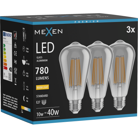 Mexen Vintis 3x Žiarovka filament LED E27, ST64, 10W, Teplá - 2700K, 780 lm, smoke - L152-E27-1027-70x03