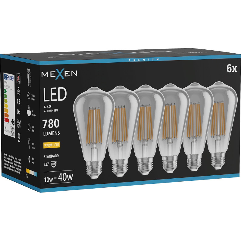 Mexen Vintis 6x LED vláknová žiarovka E27, ST64, 10W, Teplá - 2700K, 780 lm, dymová - L152-E27-1027-70x06