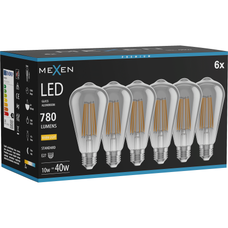Mexen Vintis 6x LED vláknová žiarovka E27, ST64, 10W, Teplá - 2700K, 780 lm, dymová - L152-E27-1027-70x06