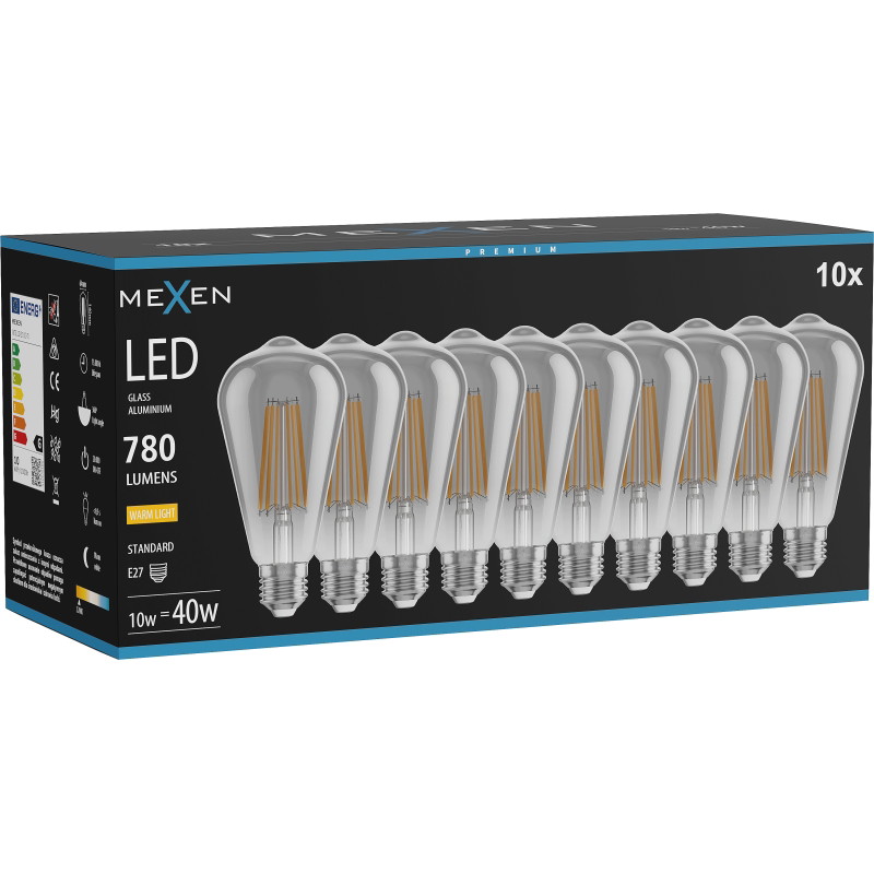 Mexen Vintis 10x žiarovka filament LED E27, ST64, 10W, Teplá - 2700K, 780 lm, dymová - L152-E27-1027-70x10
