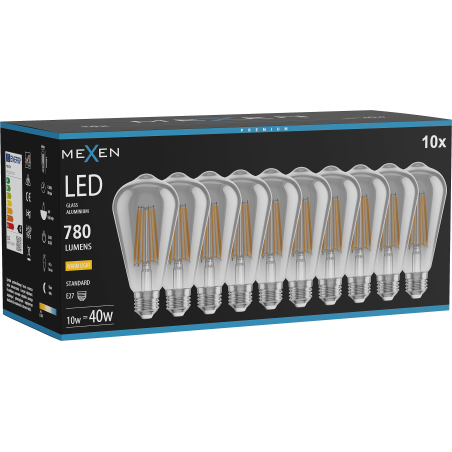 Mexen Vintis 10x žiarovka filament LED E27, ST64, 10W, Teplá - 2700K, 780 lm, dymová - L152-E27-1027-70x10