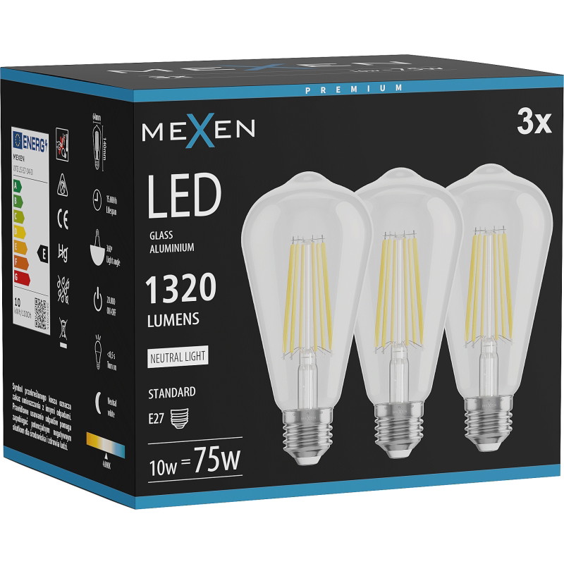 Mexen Vintis 3x žiarovka filament LED E27, ST64, 10W, Neutrálna - 4000K, 1320 lm, číra - L152-E27-1040-00x03