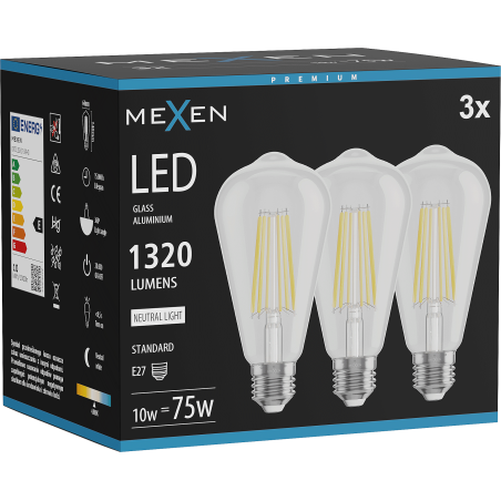 Mexen Vintis 3x žiarovka filament LED E27, ST64, 10W, Neutrálna - 4000K, 1320 lm, číra - L152-E27-1040-00x03