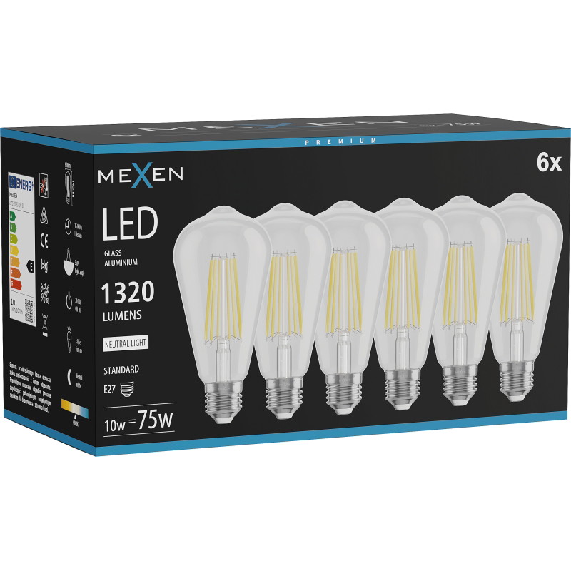 Mexen Vintis 6x Žiarovka filament LED E27, ST64, 10W, Neutrálna - 4000K, 1320 lm, číra - L152-E27-1040-00x06