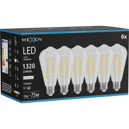 Mexen Vintis 6x Žiarovka filament LED E27, ST64, 10W, Neutrálna - 4000K, 1320 lm, číra - L152-E27-1040-00x06