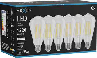 Mexen Vintis 6x Žiarovka filament LED E27, ST64, 10W, Neutrálna - 4000K, 1320 lm, číra - L152-E27-1040-00x06