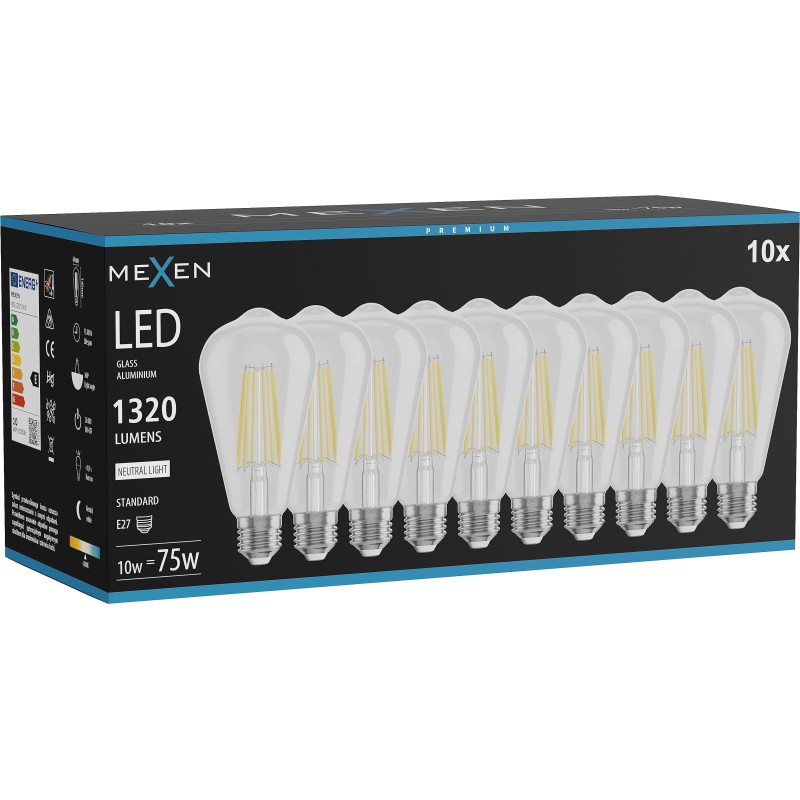 Mexen Vintis 10x LED vlákno žiarovka E27, ST64, 10W, Neutrálna - 4000K, 1320 lm, číra - L152-E27-1040-00x10