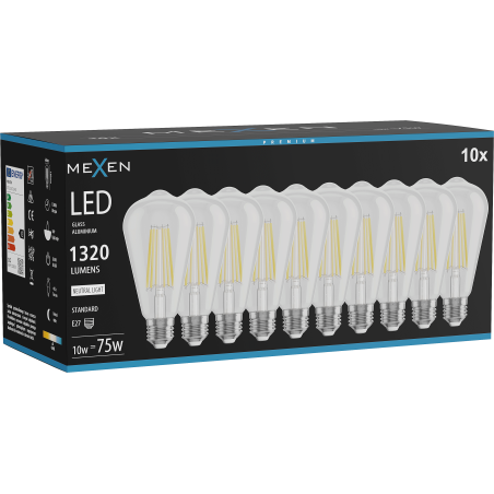 Mexen Vintis 10x LED vlákno žiarovka E27, ST64, 10W, Neutrálna - 4000K, 1320 lm, číra - L152-E27-1040-00x10