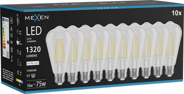 Mexen Vintis 10x LED vlákno žiarovka E27, ST64, 10W, Neutrálna - 4000K, 1320 lm, číra - L152-E27-1040-00x10