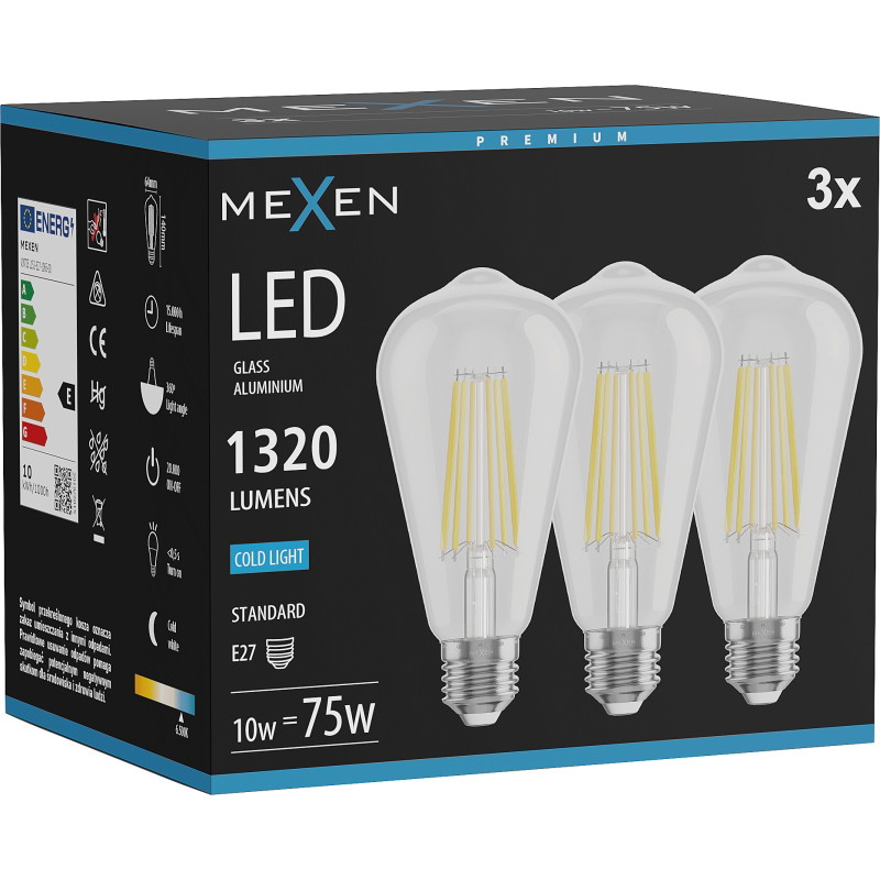 Mexen Vintis 3x LED žiarovka filament E27, ST64, 10W, Studená - 6500K, 1320 lm, číra - L152-E27-1040-00x03