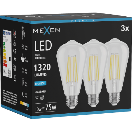Mexen Vintis 3x LED žiarovka filament E27, ST64, 10W, Studená - 6500K, 1320 lm, číra - L152-E27-1040-00x03