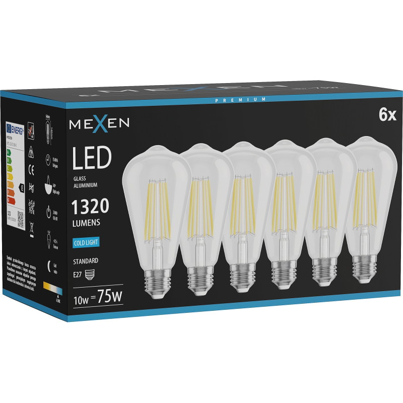 Mexen Vintis 6x LED žiarovka filament E27, ST64, 10W, Studená - 6500K, 1320 lm, číra - L152-E27-1040-00x06