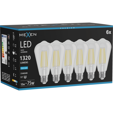 Mexen Vintis 6x LED žiarovka filament E27, ST64, 10W, Studená - 6500K, 1320 lm, číra - L152-E27-1040-00x06