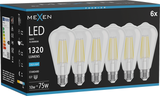 Mexen Vintis 6x LED žiarovka filament E27, ST64, 10W, Studená - 6500K, 1320 lm, číra - L152-E27-1040-00x06