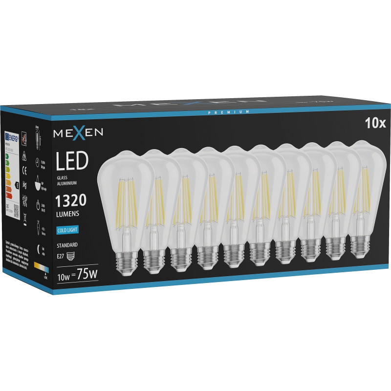 Mexen Vintis 10x žiarovka filament LED E27, ST64, 10W, Studená - 6500K, 1320 lm, číra - L152-E27-1040-00x10