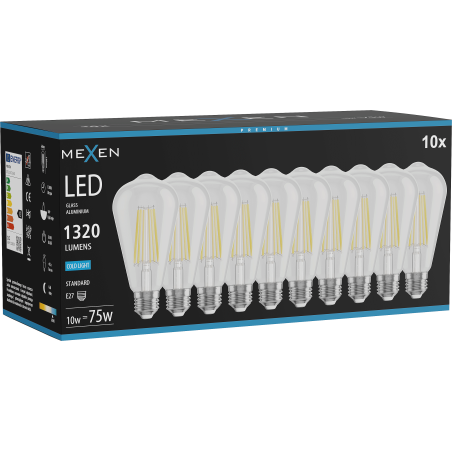 Mexen Vintis 10x žiarovka filament LED E27, ST64, 10W, Studená - 6500K, 1320 lm, číra - L152-E27-1040-00x10