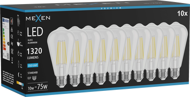 Mexen Vintis 10x žiarovka filament LED E27, ST64, 10W, Studená - 6500K, 1320 lm, číra - L152-E27-1040-00x10