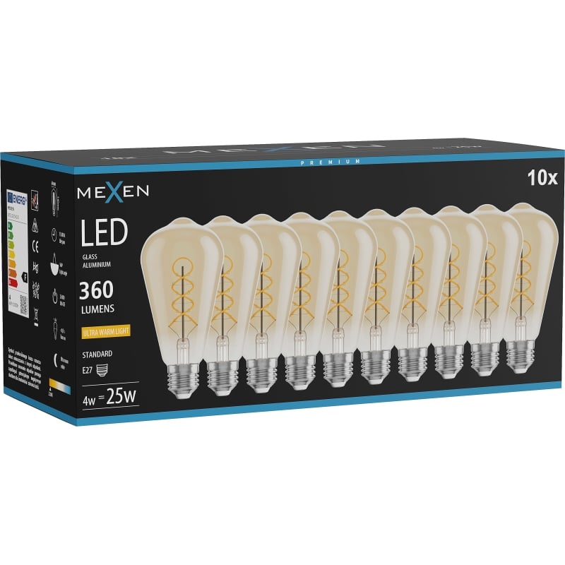 Mexen Vintis 10x Žiarovka filament špirála LED E27, ST64, 4W, Teplá - 2200K, 360 lm, jantárová - L162-E27-0422-50x10
